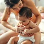 Pai limpando o bebê com um lenço umedecido durante a troca de fralda.