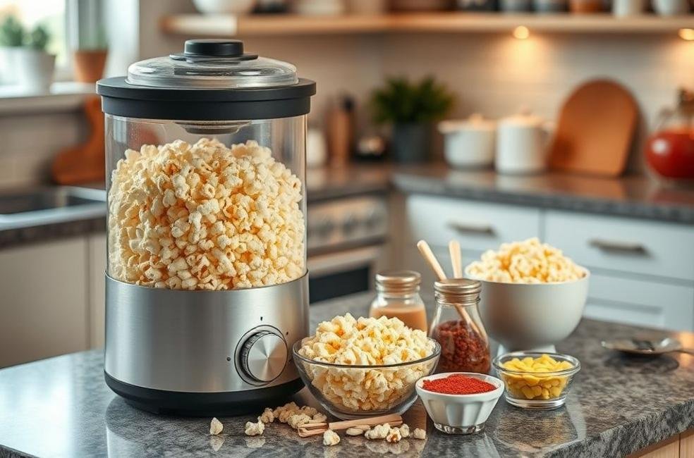 Imagem de destaque sobre pipoqueiras com utensílios de cozinha.