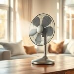 Ventilador de mesa em ambiente acolhedor e luminoso.