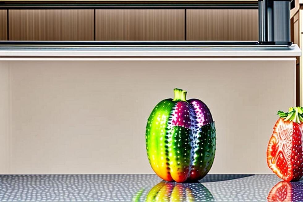 Uma cozinha vibrante, equipada com ingredientes frescos e uma panela de pressão elétrica, simbolizando eficiência.