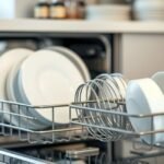 Uma cena de cozinha serena com lava-louças e louças brilhantes, simbolizando limpeza e eficiência.