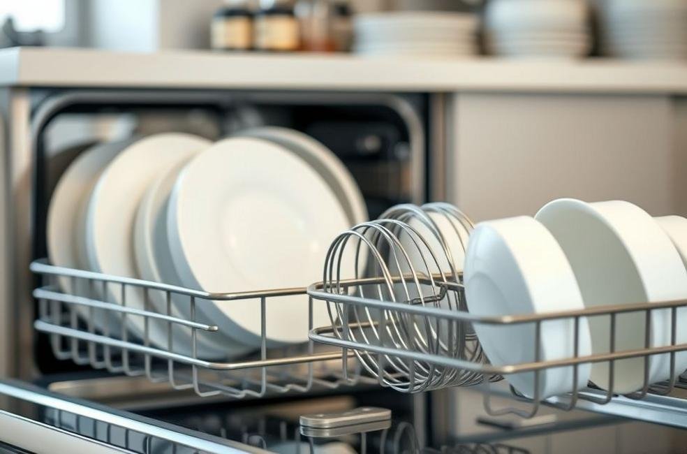 Uma cena de cozinha serena com lava-louças e louças brilhantes, simbolizando limpeza e eficiência.