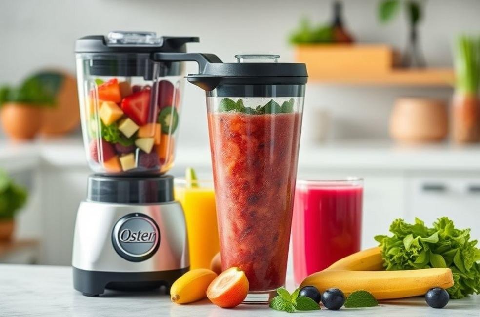 Liquidificador Oster misturando frutas e vegetais