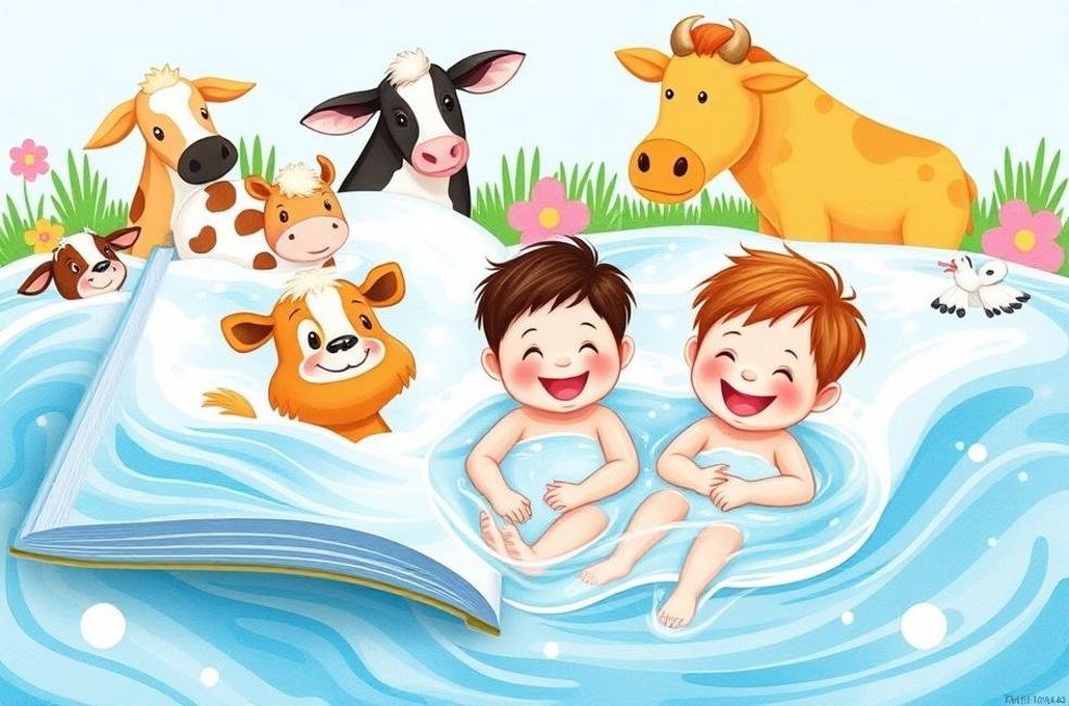 Crianças se divertindo com livros de banho durante o banho.