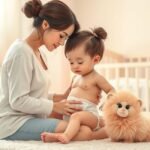 Mãe trocando fralda Pom Pom em um ambiente acolhedor