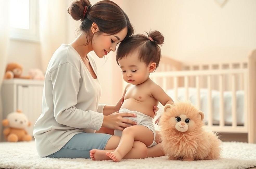 Mãe trocando fralda Pom Pom em um ambiente acolhedor