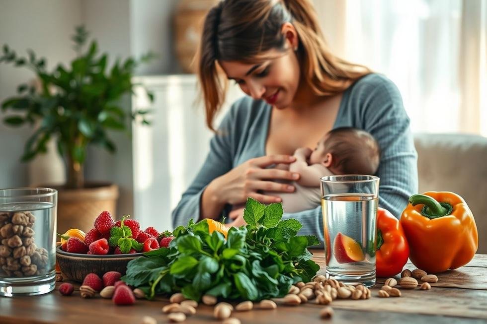 Mãe amamentando seu bebê em um ambiente sereno e acolhedor.
