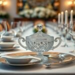 Mesa de jantar elegantemente arrumada com açucareiro de cristal, destacando sofisticação.