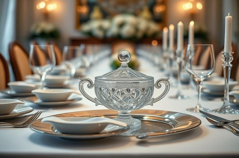 Mesa de jantar elegantemente arrumada com açucareiro de cristal, destacando sofisticação.