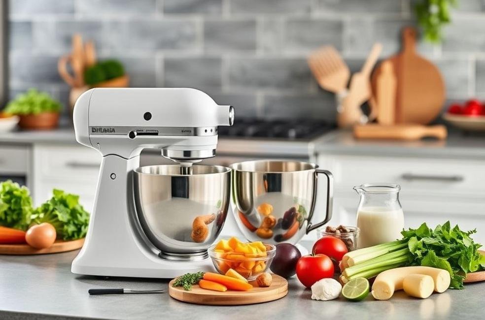 Cozinha mostrando o Mixer Britânia e ingredientes variados.