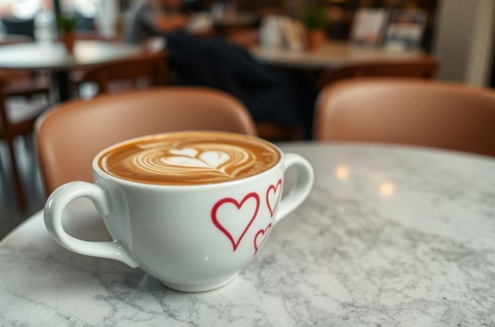 Imagem de um mochaccino de avelã em uma mesa de café, mostrando seu design artístico.
