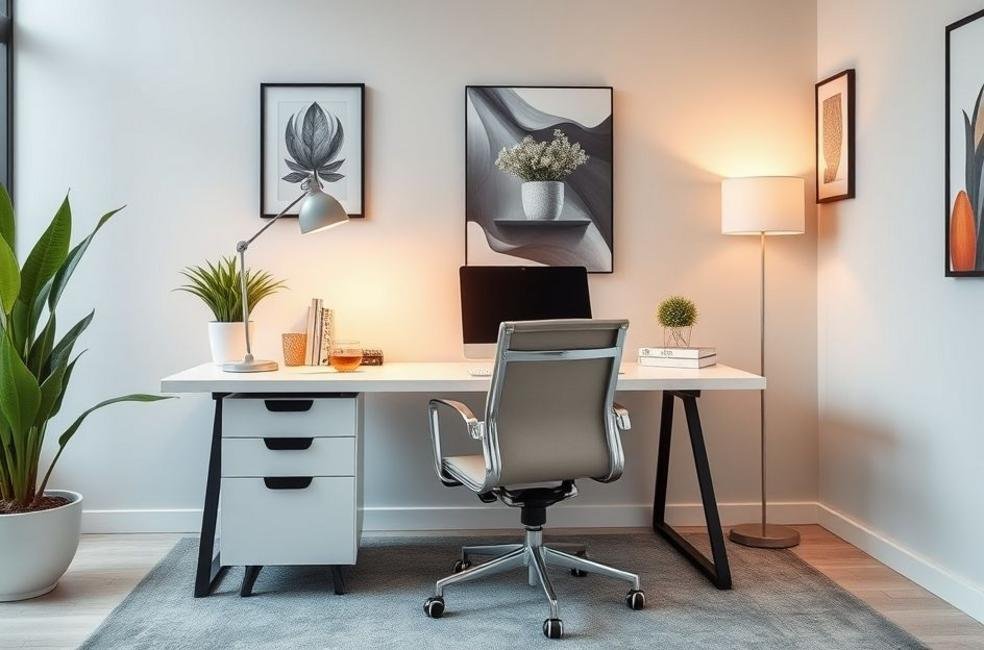 Espaço de escritório moderno com escrivaninha, cadeira e decoração elegante.