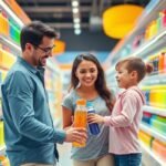 Pai e filho escolhendo juntos uma garrafa infantil em uma prateleira de loja.