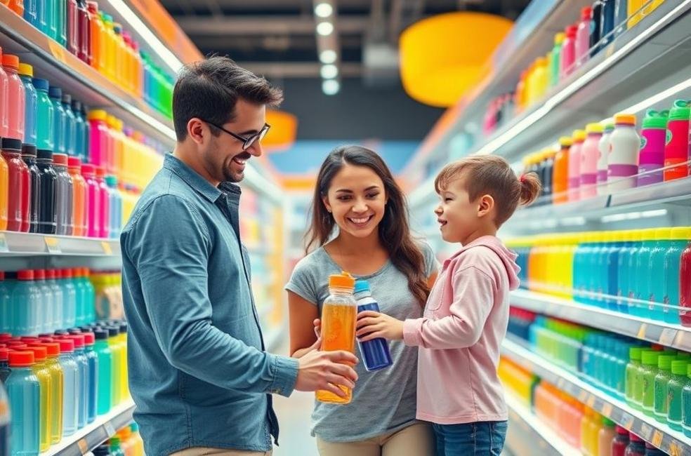Pai e filho escolhendo juntos uma garrafa infantil em uma prateleira de loja.