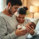 Pais segurando seu bebê enquanto observam a fórmula infantil com carinho.