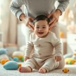 Pai vestindo o bebê com calças neutras em um ambiente acolhedor.