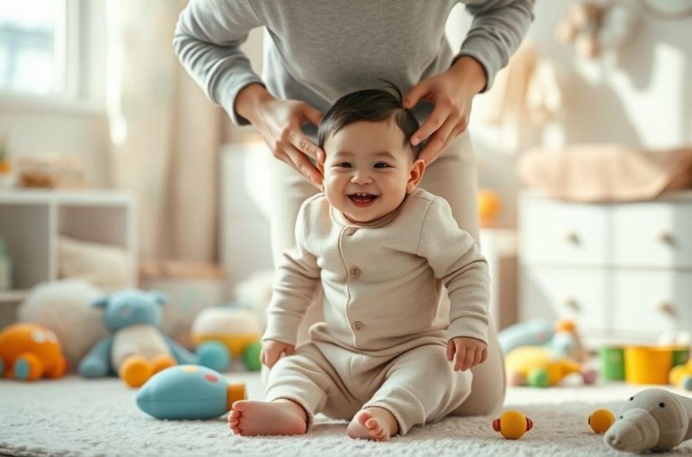 Pai vestindo o bebê com calças neutras em um ambiente acolhedor.
