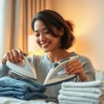 Pessoa passando roupas de forma eficiente com um ferro portátil.