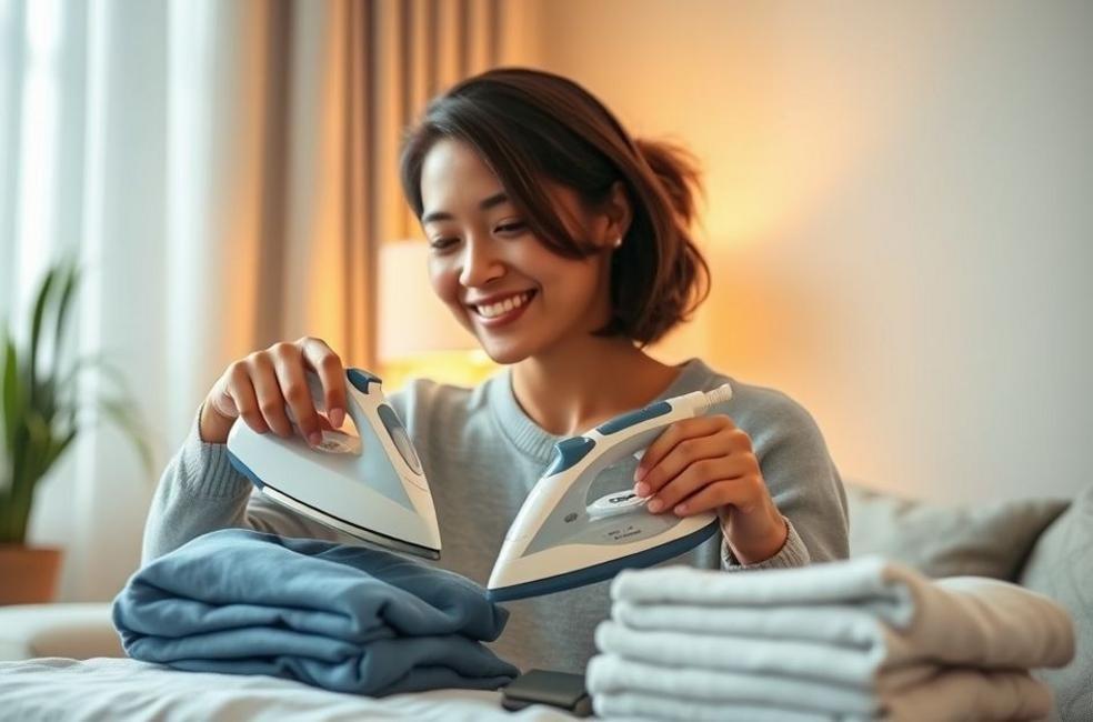 Pessoa passando roupas de forma eficiente com um ferro portátil.