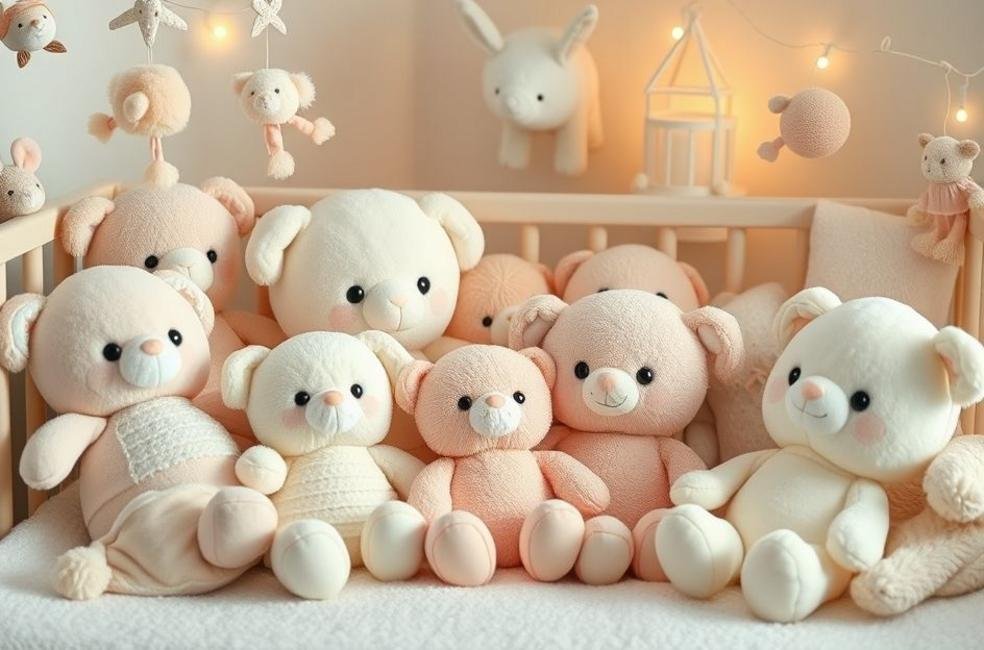 Coleção colorida de brinquedos de pelúcia em um quarto de bebê.