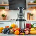 Cozinha moderna com espremedor premium e frutas coloridas, simbolizando saúde.