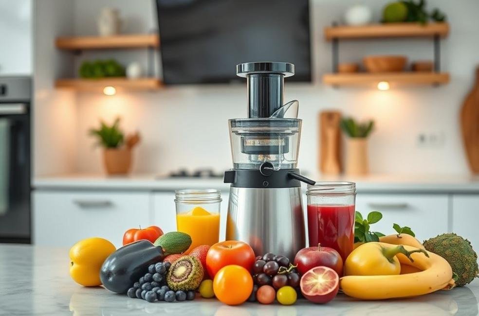Cozinha moderna com espremedor premium e frutas coloridas, simbolizando saúde.