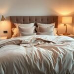 Cenário de um quarto estiloso com roupas de cama confortáveis.