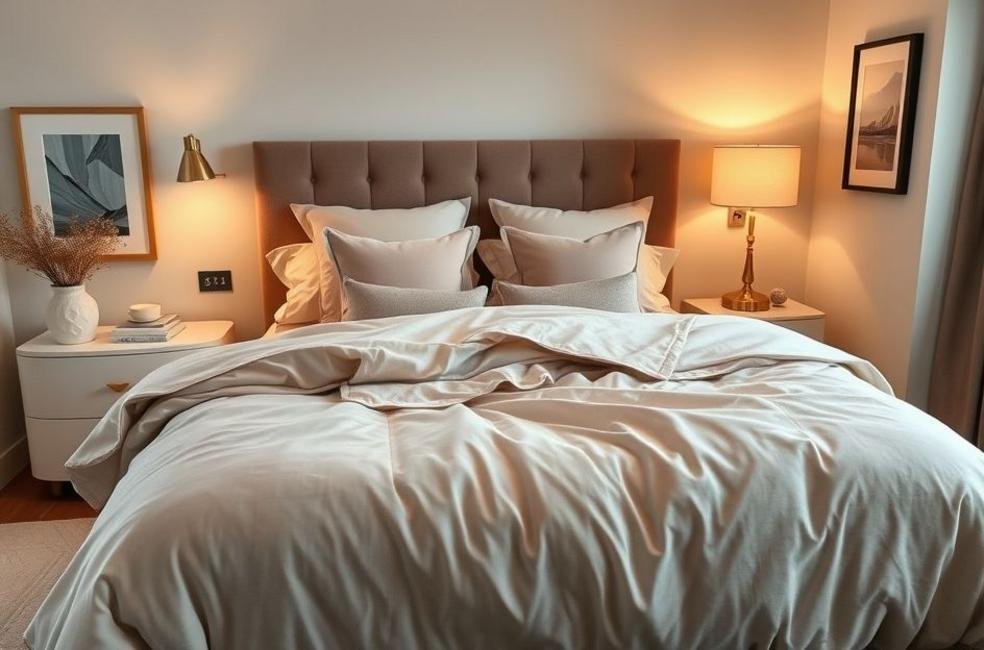 Cenário de um quarto estiloso com roupas de cama confortáveis.