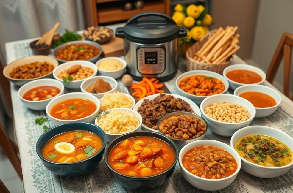 Mesa de jantar com pratos variados feitos na panela de pressão.