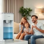 Sala de estar confortável com bebedouro e família se hidratando.