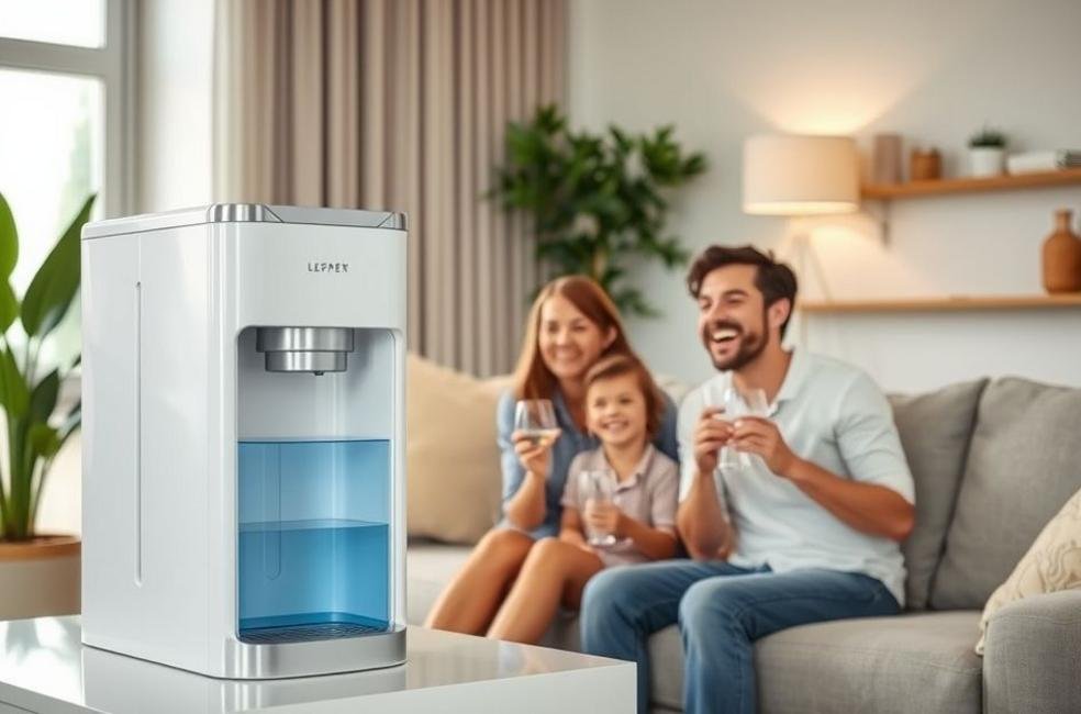 Sala de estar confortável com bebedouro e família se hidratando.