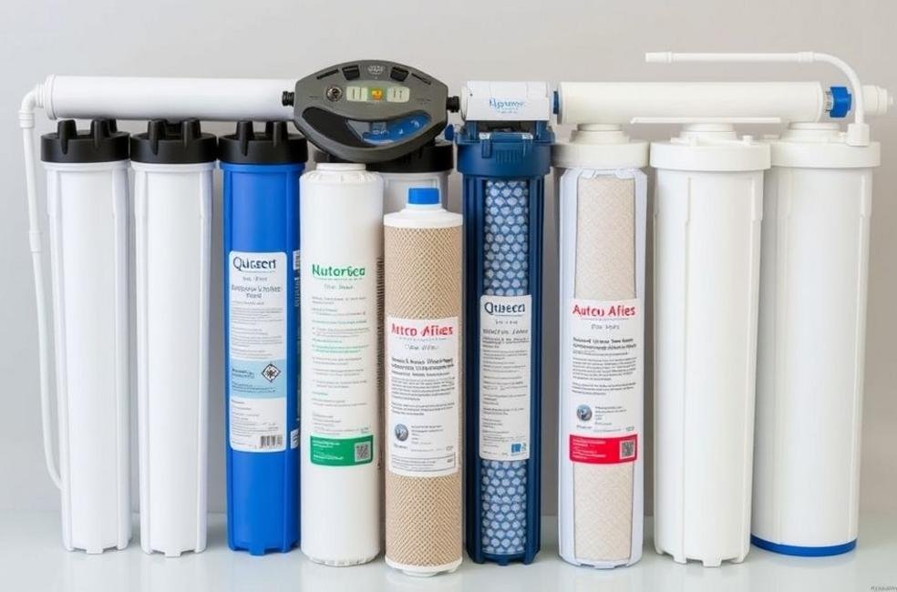 Imagem de diversos sistemas de filtragem de água e seus filtros refil.