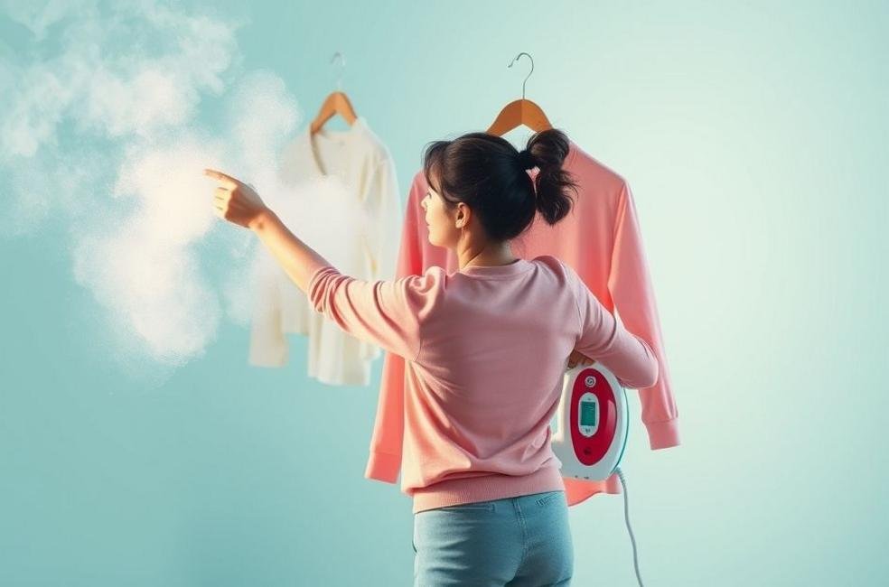 A imagem mostra uma pessoa passando roupas com um vaporizador, ilustrando a praticidade do uso.