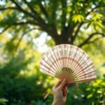 Ventilador em ambiente externo iluminado pelo sol, criando uma atmosfera fresca.