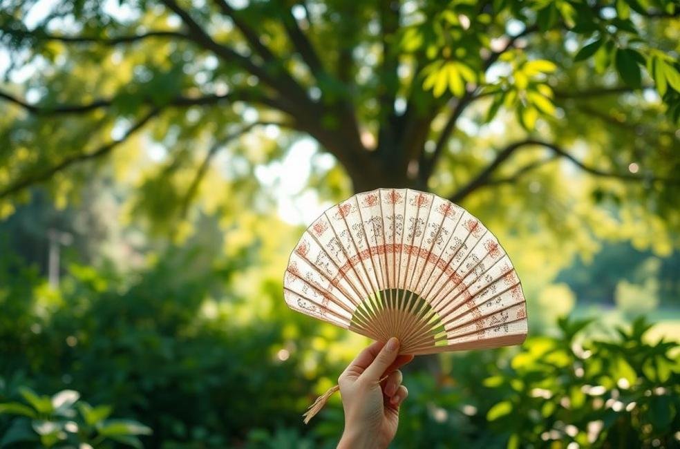 Ventilador em ambiente externo iluminado pelo sol, criando uma atmosfera fresca.